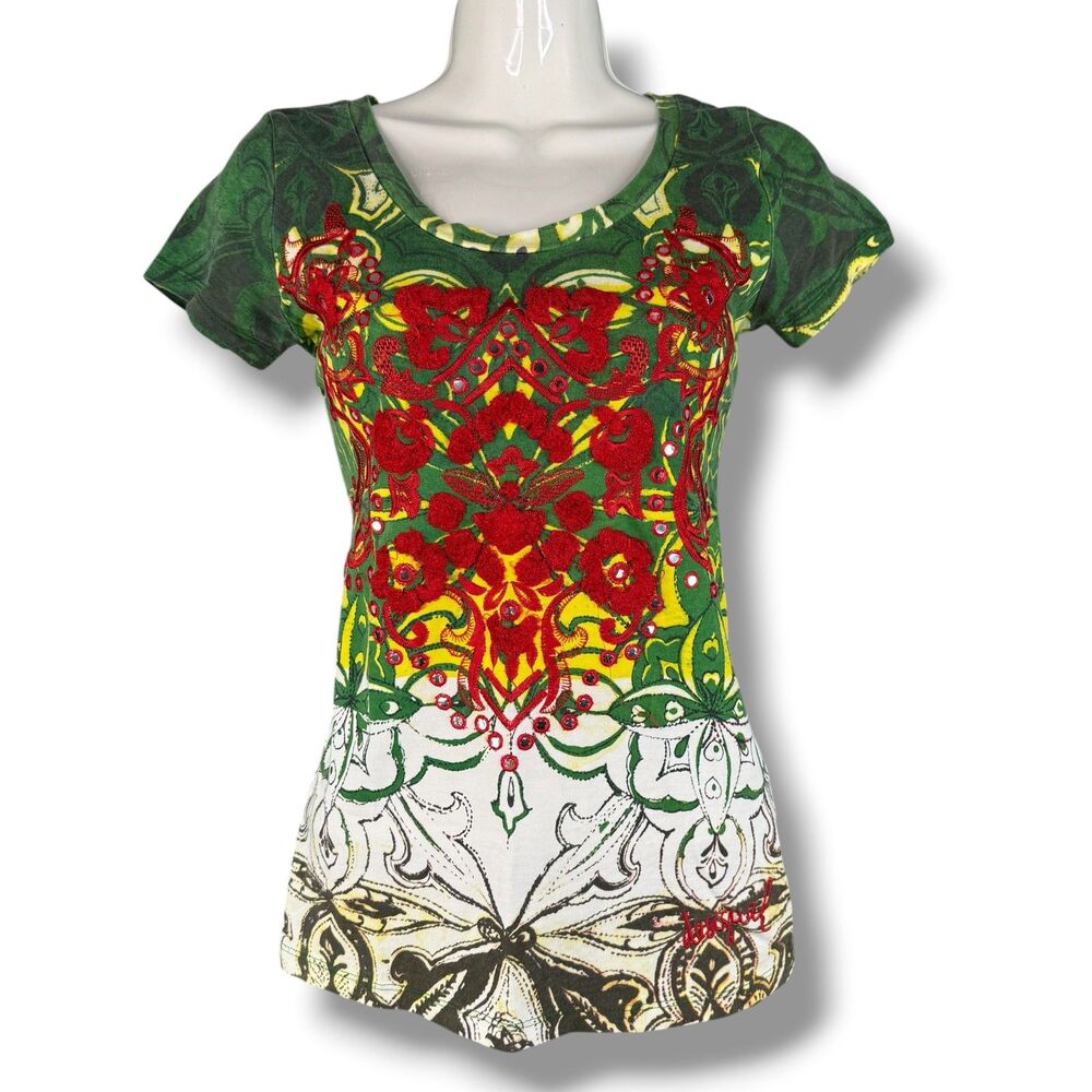 Desigual Short Sleeve Tee Embroidered Green Multi-Color Euro Summer Size S